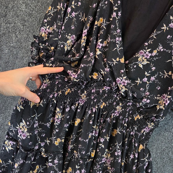 Lulus Floral Clip Dot Smocked Tiered Mini Dress XL Black Puff Sleeve Chiffon - Picture 9 of 16